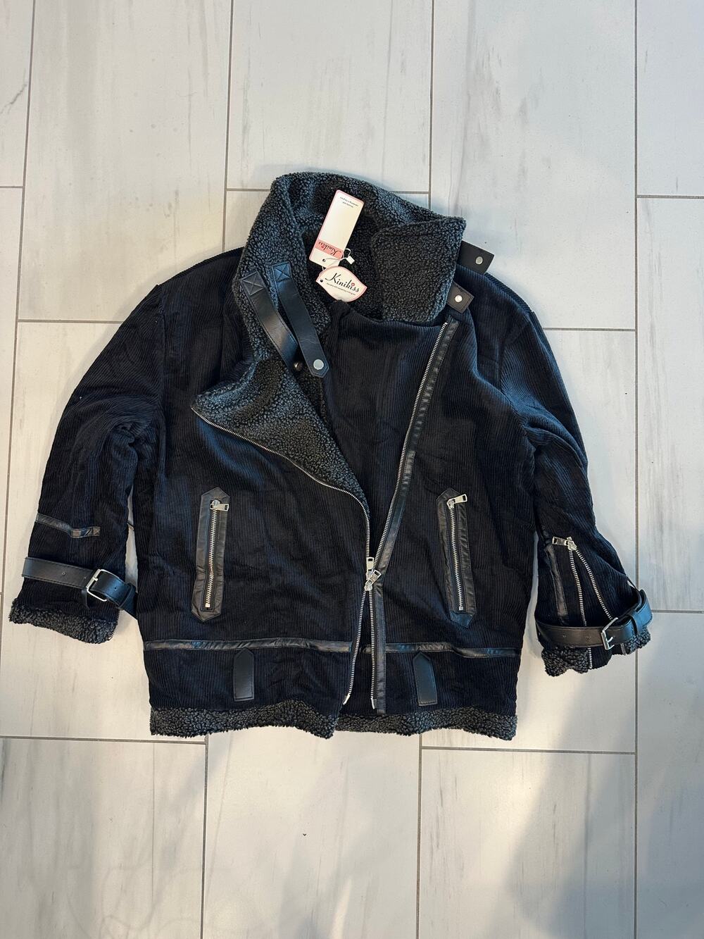 Kinikiss Black Corduroy Faux Shearling Moto Jacket